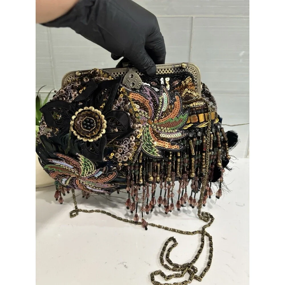 Chico's Vintage Beaded Peacock Feather Clutch Bag Sequin Fringe Y2KGlam BohoChic
